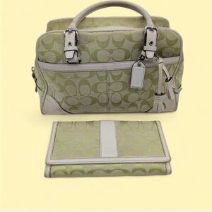 Coach Lime green monogram canvas satchel with wallet.